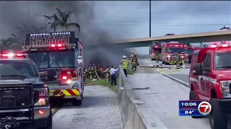 All lanes blocked on I-595 West near Nob Hill Road in Davie after tanker rolls over, catches on fire